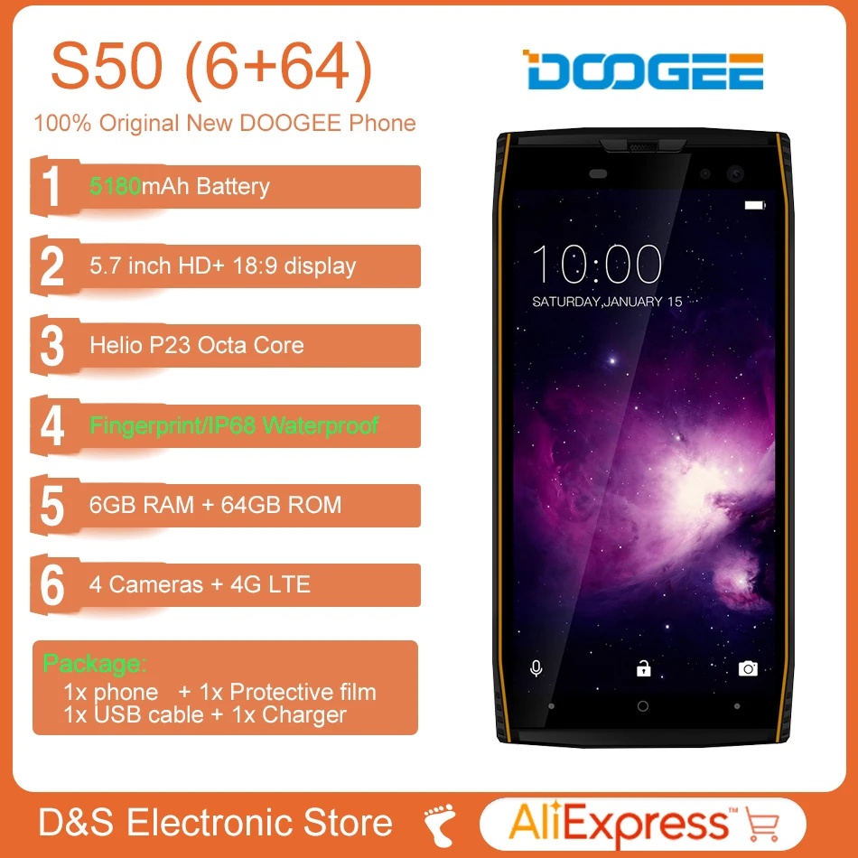 DOOGEE S50 6 ГБ и 64 Гб IP68 Touch ID смартфон 16MP 4 камер 5 7 ''экран мобильного телефона 4G 5180