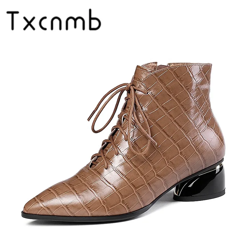 

TXCNMB Women Ankle Boots High Quality Genuine Leather Short Booties Warm Shoes Woman Buckles Zipper Office