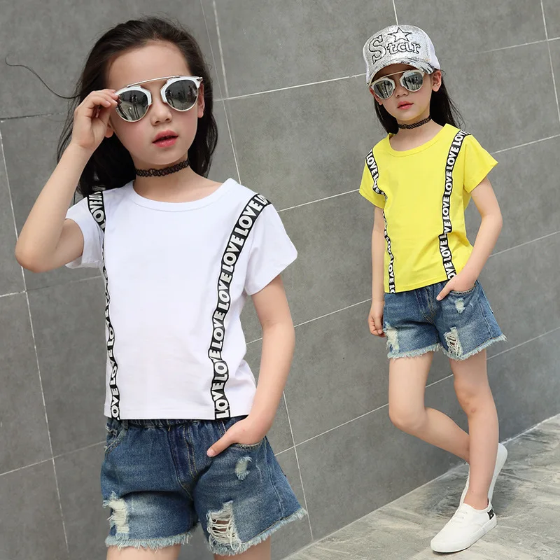 

2-Piece Girl Set Kids Clothes Summer Letter T-shirt + Denim Shorts Girl Fashion Leisure Suit