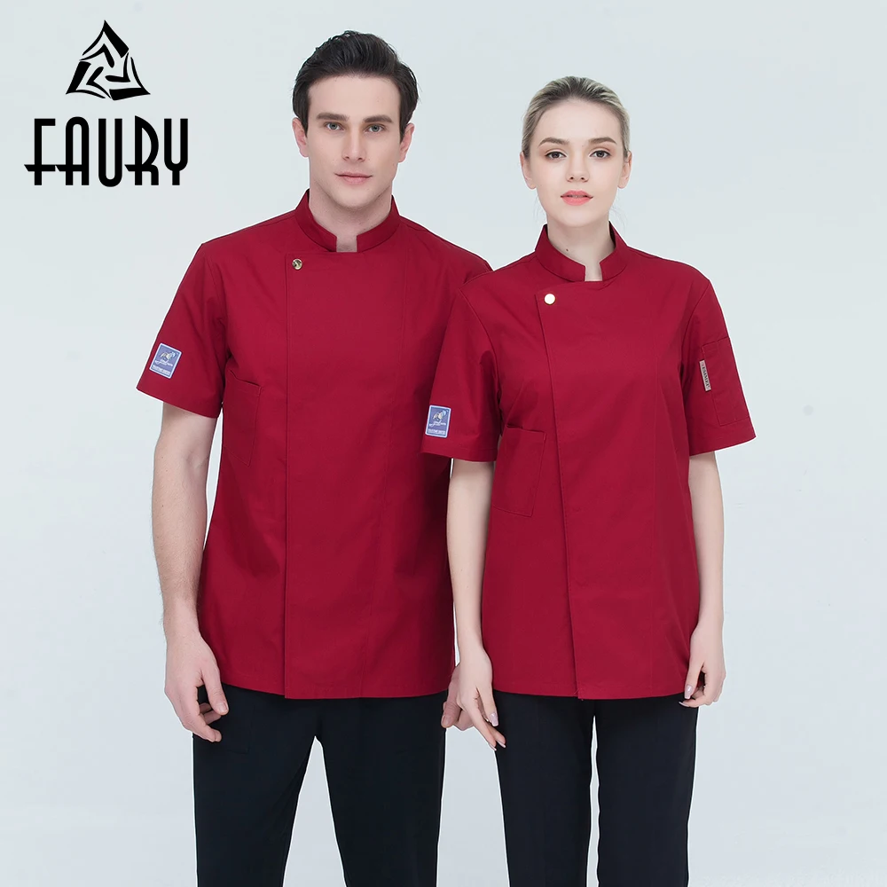 1 X Chef Coat New Stand-up Collar Clothes Women Men Kitchen Short Sleeve Uniform 