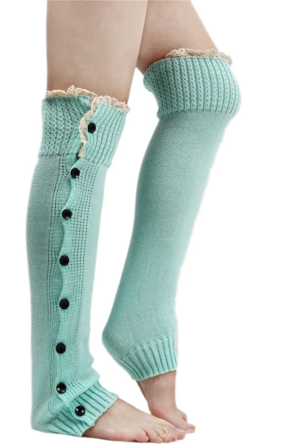 Lace Trim Flat Cuffs Button Down Knit Warmers Knee High Boot Socks