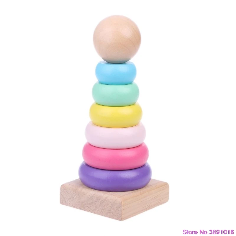 

New Warm Color Rainbow Stacking Ring Tower Stapelring Blocks Wood Toddler Baby Toys