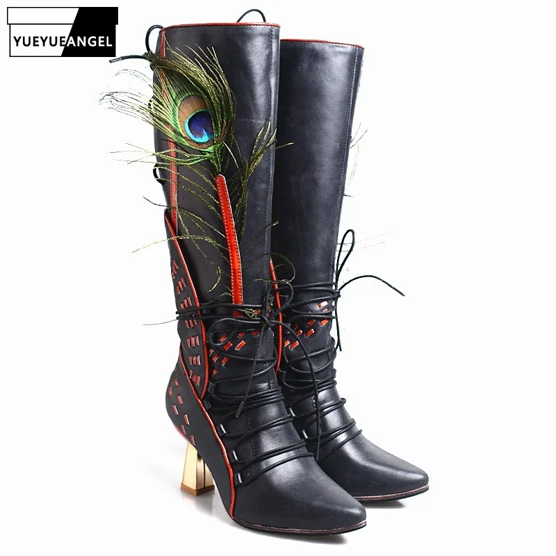

Runway Genuine Leather Knee High Boots Women Designer Flower High Heels Pointed Toe Winter High Boots Street Fashion Long Shoes