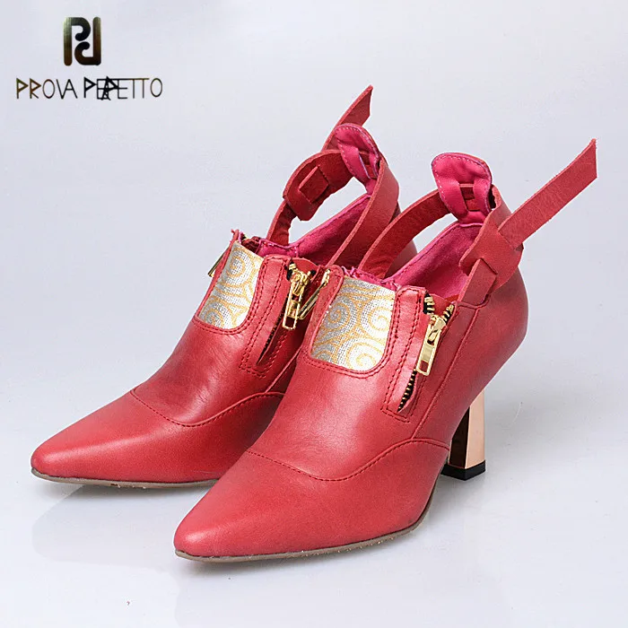 

Prova Perfetto 2018 Newest Style Euramerican Street Cow Leather Single Shoes Pointed Toe Mixed Colors Short Boots Zipper Shoes