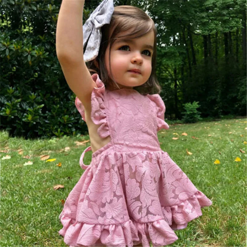 

Summer Infant Newborn Baby Girl strap Party Princess Dress Cute Flower dress sweet pink lace Pleated dress