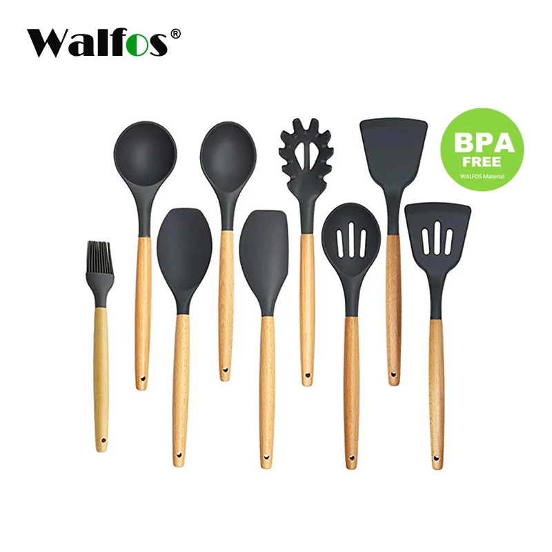 WALFOS, кухонные инструменты, Натуральный Бук, деревянная ручка, силиконовая кухонная утварь, набор силиконовых кухонных инструментов, набор посуды