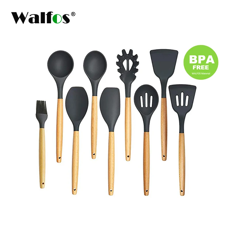 WALFOS Kitchen Tools Natural Beech Wood Handle Silicone Kitchen Utensil Set Silicone Cooking 
