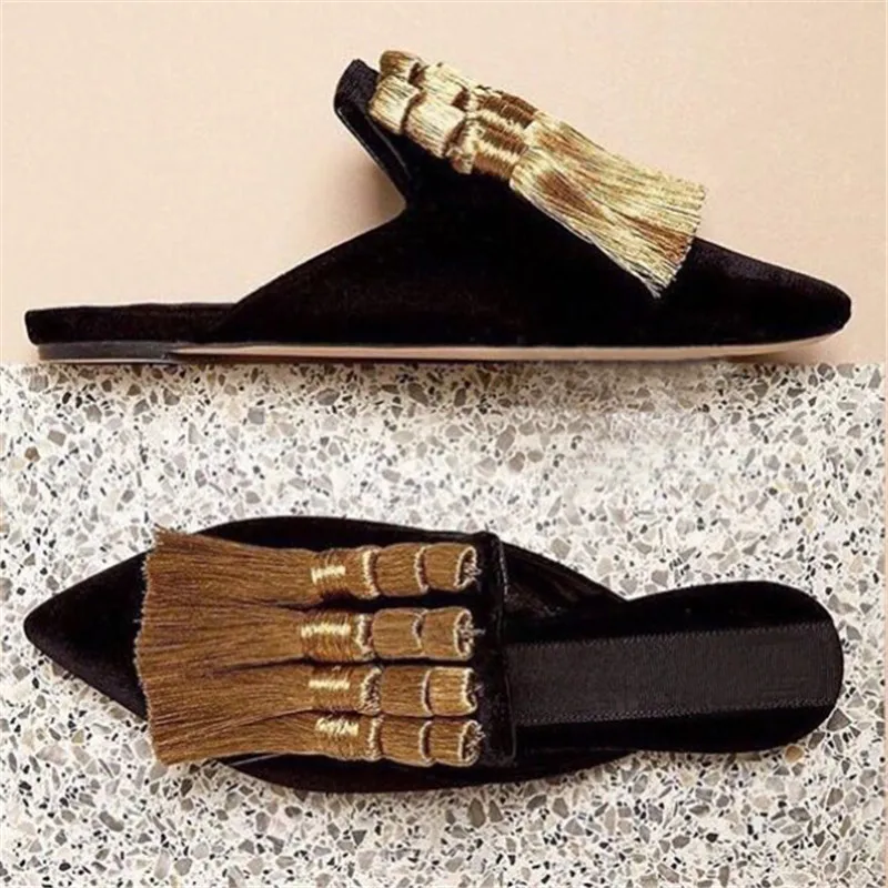 Handmade Tassels Women Slippers Summer Gladiator Sandals Velvet Casual Flat Shoes Woman Pointed Toe Slides Loafers