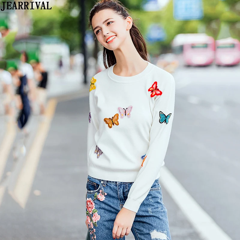 

Butterfly Embroidery Knitted Sweater Autumn Winter Women Long Sleeve Black White Pullover Jumper Top Knitwear Pull Femme 2019