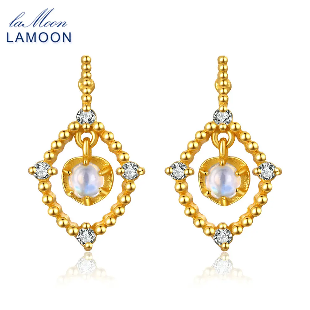 LAMOON 14K Yellow Gold Stud Earring 925 sterling silver jewelry Natural Blue Moon stone Party