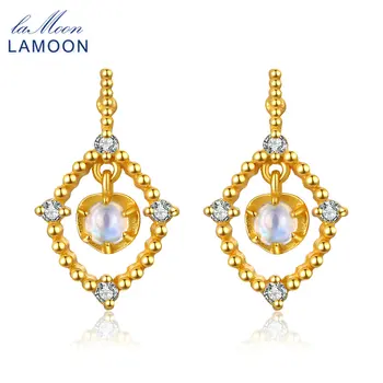 

LAMOON 14K Yellow Gold Stud Earring 925 sterling-silver-jewelry Natural Blue Moon stone Party Earrings for Women Brincos EI051