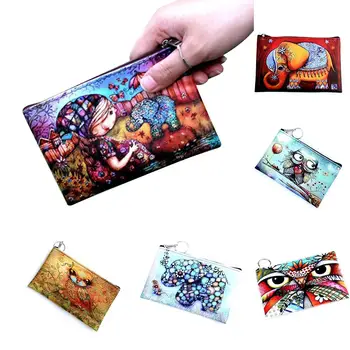 

Fashion Cartoon Printed Faux Leather Rectangle Fashion Zipper Coin Purse Mini Wallet with Keyring For 2018 Women