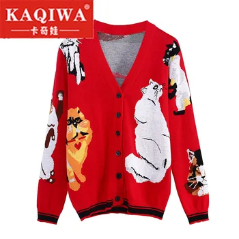 

2018 autumn Spring Cute Warm Long Sweater Jacket Coats Cartoon 7 Cats Jacquard Runway Vintage Knit Sweater Jumpe Brand Cardigan