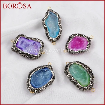 

BOROSA Freeform Rainbow Crystal Druzy Geode Connector Double Bails Paved Zircon,Natural Crystal Connector for Bracelet JAB119