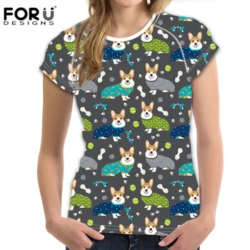 

FORUDESIGNS Corgi Printing T-shirt for Women Korean Style t-shirt Casual Girls T Shirts Femme Tops Fashion Summer Ladies tshirt