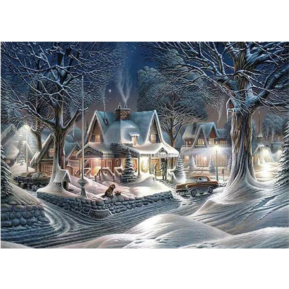 

New Diy Diamond Painting Cross Stitch Crystal Mosaic Snow View Cottage Rhinestone 5D Diamond Embroidery Dog Decor Paintings YU13