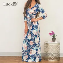 Spring Autumn Women Long Dress 2019 Elegant Deep V Neck Long Sleeve Floral Print Dress Boho Beach Tunic Fit Flare Vestidos halloween fire print long sleeve tunic dress