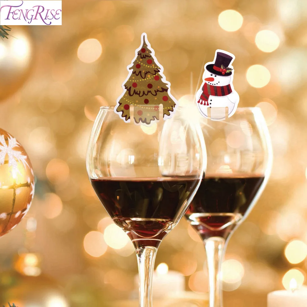 

FENGRISE 10 Pcs Christmas Decoration Wine Glass Paper Cards Christmas Bells Santa Claus Christmas Wine Glass Decoration New Year