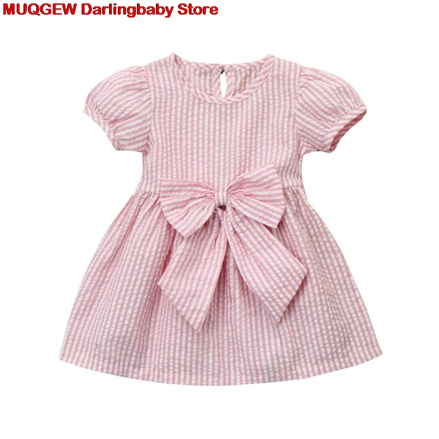 

2018 Brand Fashion Infant Children Baby Dress Kids Clothes Striped Bow Princess Outwear Summer Baby Girl Dress Pink For 2 Years