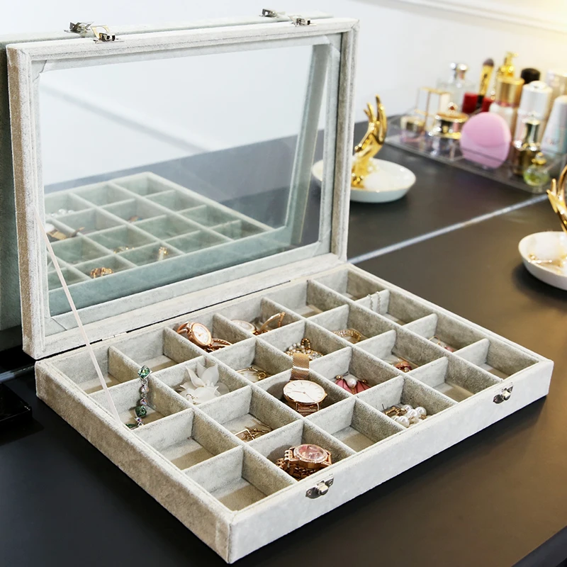 M 24 grids jewelry storage tray holder grey velvet jewelry display