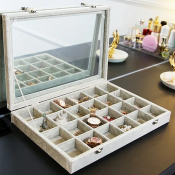 

M 24 grids jewelry storage tray holder grey velvet jewelry display storage bead box with glass lid cover orgqanizer racks A255