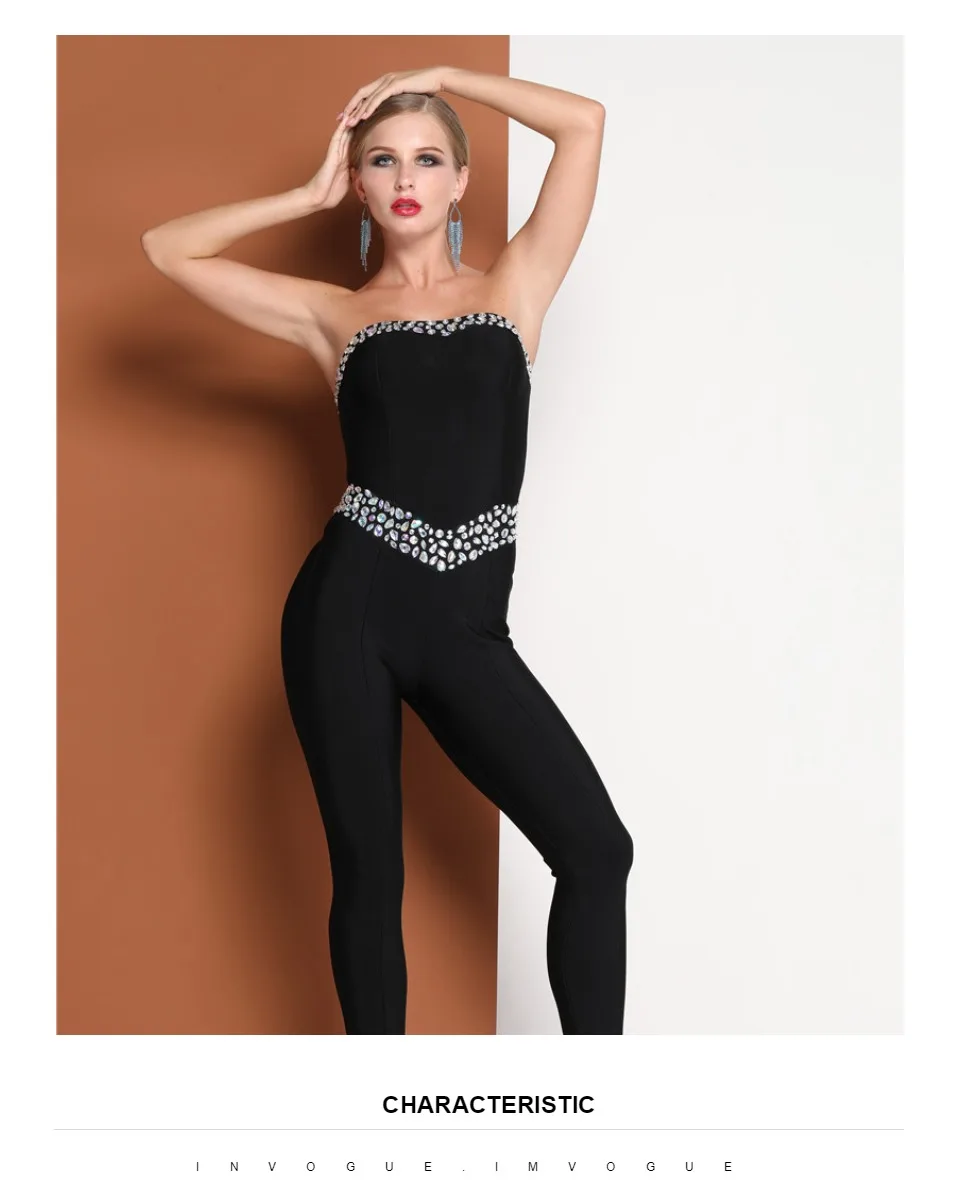 INVOGUE. IMVOGUE New Arrival Elegant Diamonds Design Sexy Off The Shoulder Backless Black Sleeveless Bodycon Tube Jumpsuit