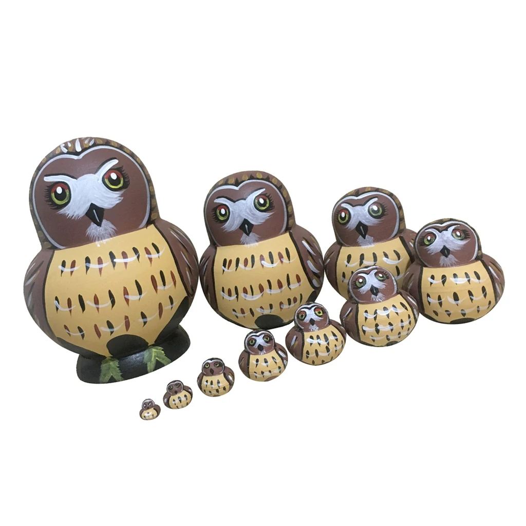 10 PCS Owl Handmade Wooden Russian Nesting Dolls Matryoshka For Kids Toy
