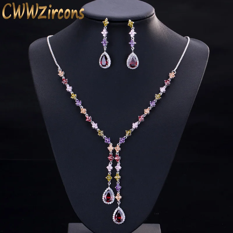 CWWZircons Elegant Multicolored Cubic Zirconia Stone Long Dangle Drop Party Jewelry Sets for Women Necklace and Earring Set T226 CWWZircons Elegant Multicolored Cubic Zirconia Stone Long Dangle Drop Party Jewelry Sets for Women Necklace and Earring Set T226