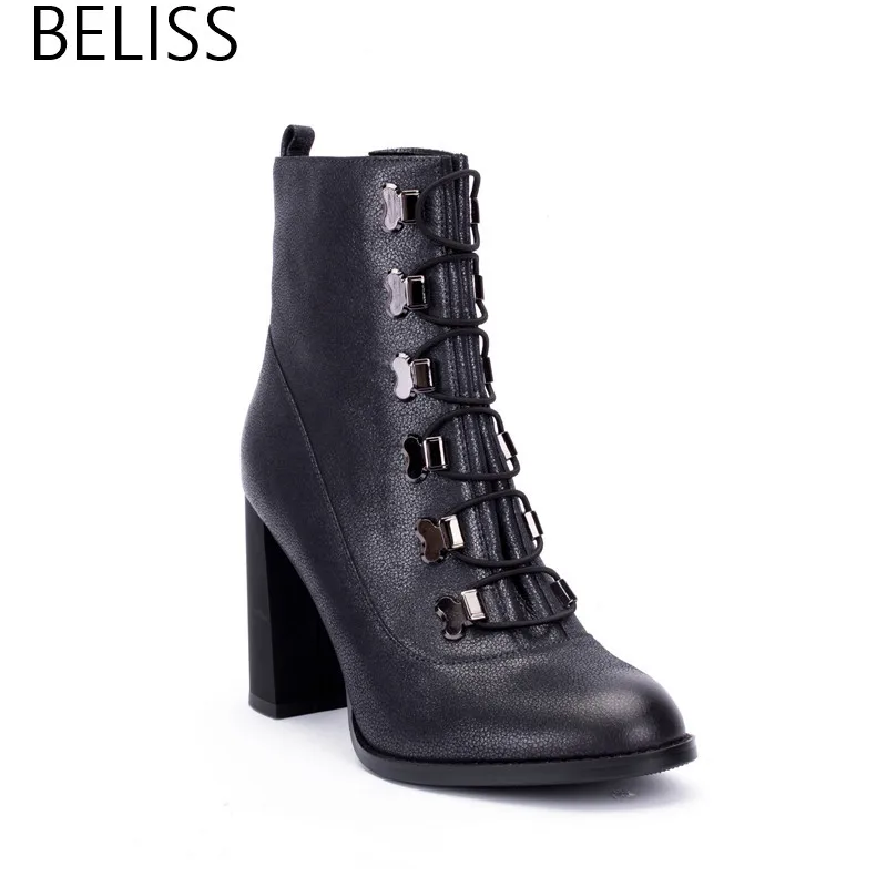 

BELISS 2018 35-41 new ankle boots for women thick high heel pointed toe metal buckle shoes zipper lace up spring autumn B24