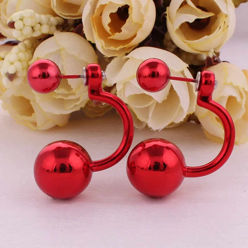 11 цветов, модные уникальные геометрические серьги из двух шариков, модные двухсторонние УФ блестящие жемчужные серьги-гвоздики для женщин - Окраска металла: Red