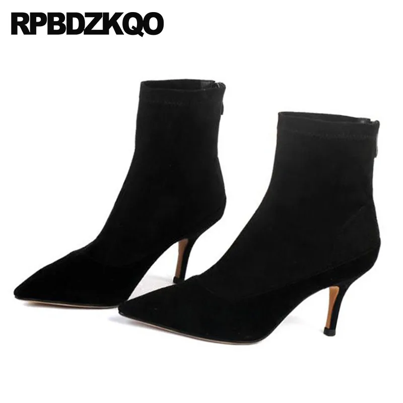 Negro Oveja De Piel Zapatos Dedo Punta Genuino Mujeres Stiletto Otoño Marca Las Del Suede Invierno 2018 Cuero Alto Corto Pie Tacón rqwrd5Ef