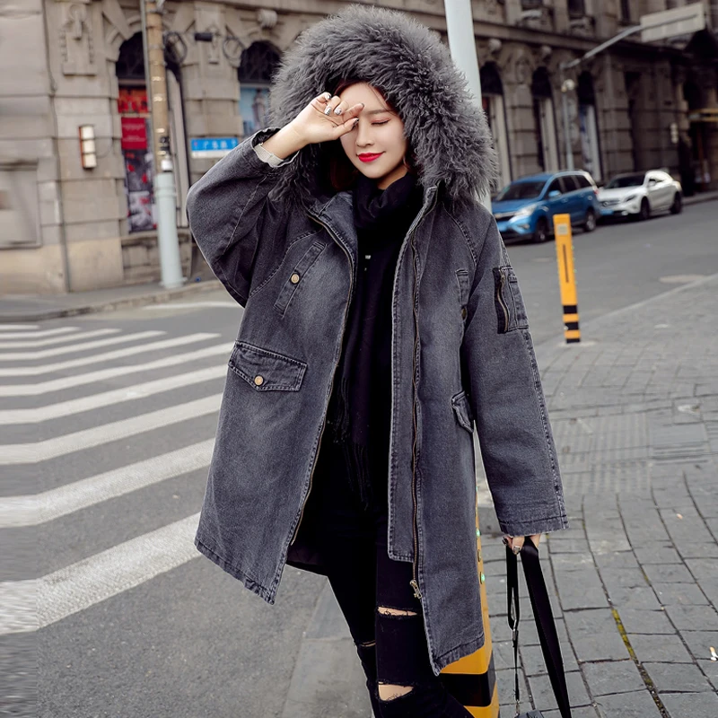 

Winter Cotton Jacket Coat Women Thicken Warm Cotton-padded Parka Female Hooded Lambswool Jeans Denim Jacket Ladies Long Overcoat