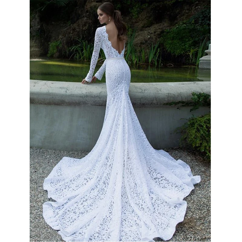 LORIE пляжные свадебные платья, белое сексуальное свадебное платье с открытой спиной и круглым вырезом, кружевное свадебное платье с длинным рукавом, большие размеры