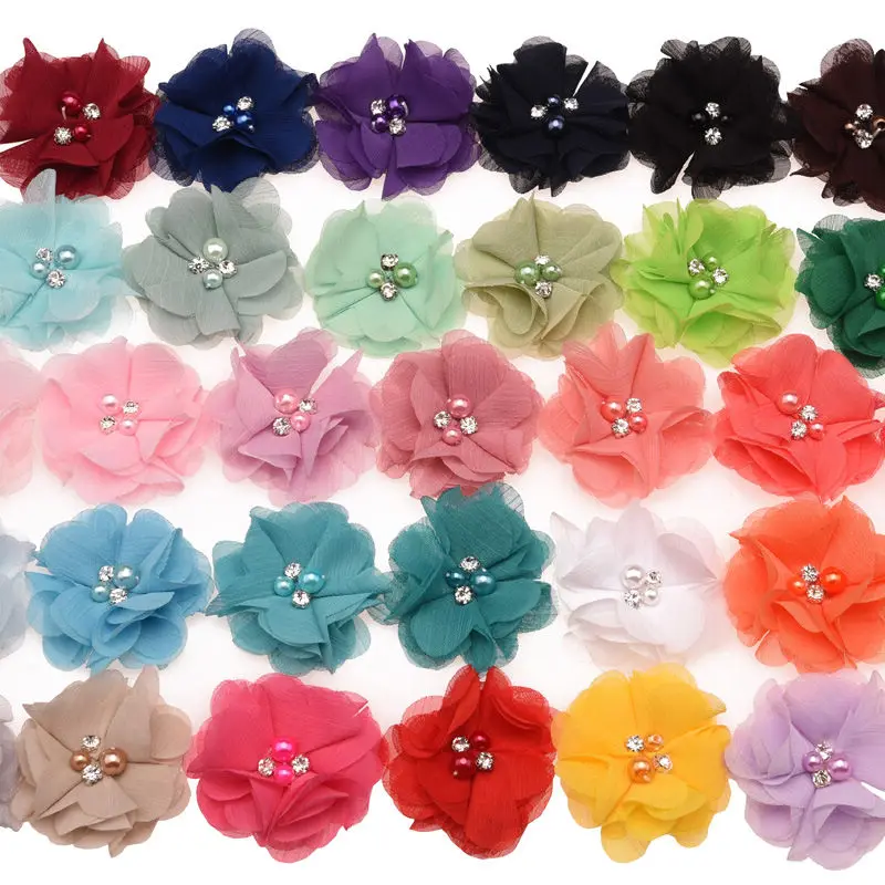 

240PCS Pearl Cluster Rhinestone Center Chiffon Hand Sewing Flower 6cm Boutique Flower Puff Hair Flower 33 Color U-Pick