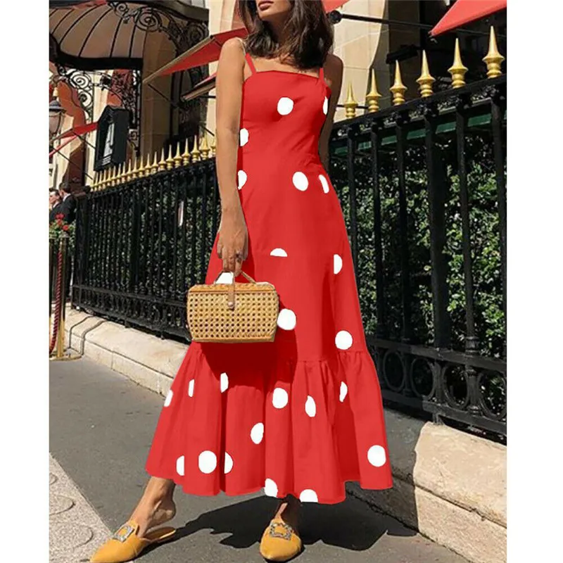 

New Hot Plus Size Dresses Boho Women Summer Holiday Polka Dot Printed Maxi Dress Beach Spaghetti Strap Long Beach Daily Dress