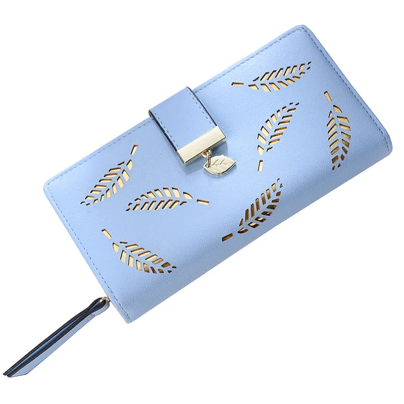 Модный женский кошелек, Длинный кошелек, золотой полый мешочек с листьями, милая кожаная сумка для женщин, кошелек для монет, держатель для карт, клатч - Цвет: Blue
