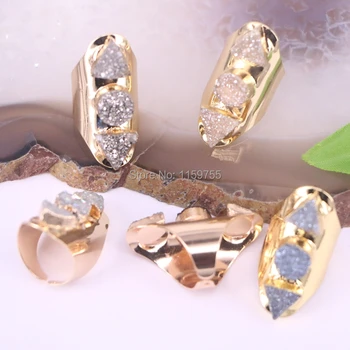 

5Pcs Crystal QuartzDrusy Rings Gold Color Mix Color Three Titanium Stone Ring