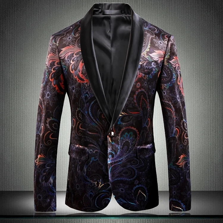 Роскошный мужской блэйзер с цветами бархатный пиджак черный плюс размер 5xl Блейзер Masculino Slim Fit британский стиль мужской Vetement Homme 2019