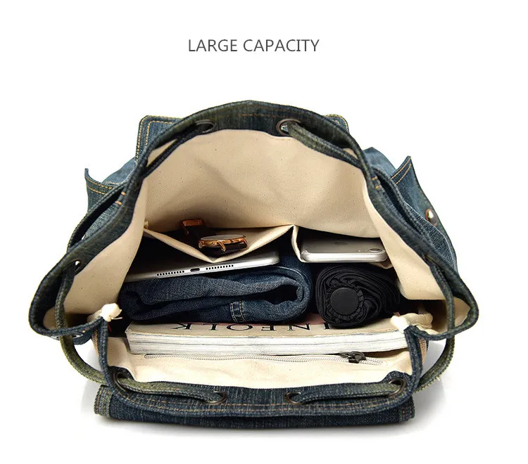 Micom Vintage Denim Backpack Women Mens Backpacks for Travelling School Bags For Teenagers Girls Large Capacity Drawstring Belts (23)