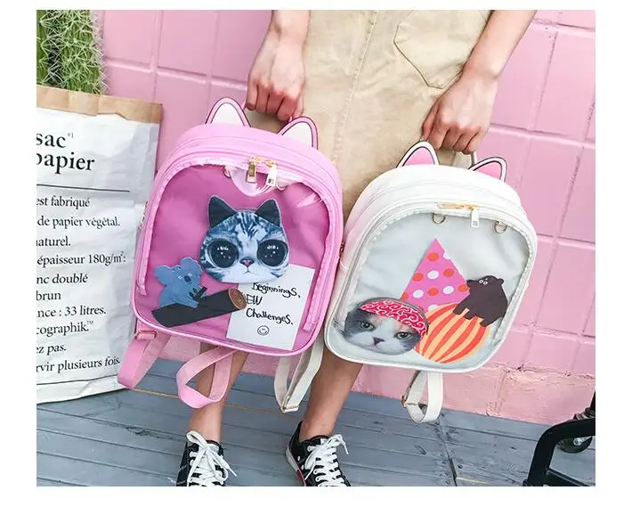 Женская сумка карамельного цвета с кошкой, корейские школьные сумки для девочек-подростков из искусственной кожи, прозрачный рюкзак Rugtas Mochila Escolar