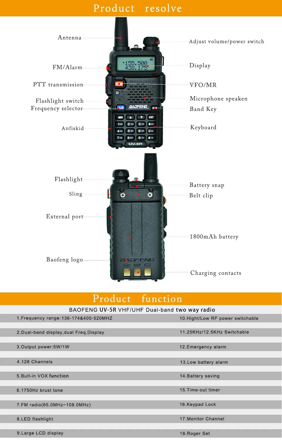2Pcs Baofeng UV-5R Walkie Talkie UV5R CB Radio Station 5W
