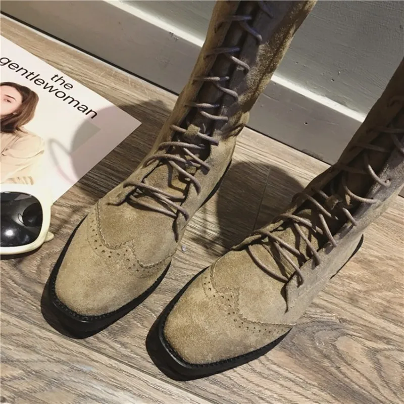 COOTELILI Fashion Knee High Boots For Women Rubber Shoes Women Lace-Up Brogue Boots Women 35-39 (9)
