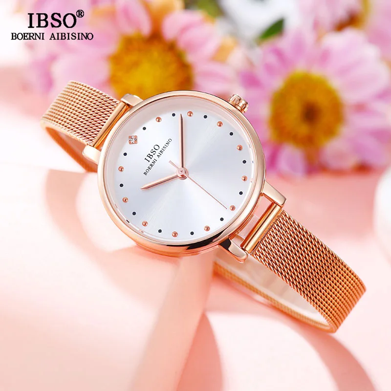 IBSO женские кварцевые часы с кристаллами, ультра-тонкие наручные часы, женские часы с сетчатым ремешком из нержавеющей стали, Relogio Feminino