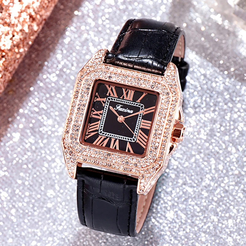 

Women's Leather Square Dial Watches 2019 New Design Diamond Case Fashion Quartz Watches Waterproof 30m Genuine Leather Clock