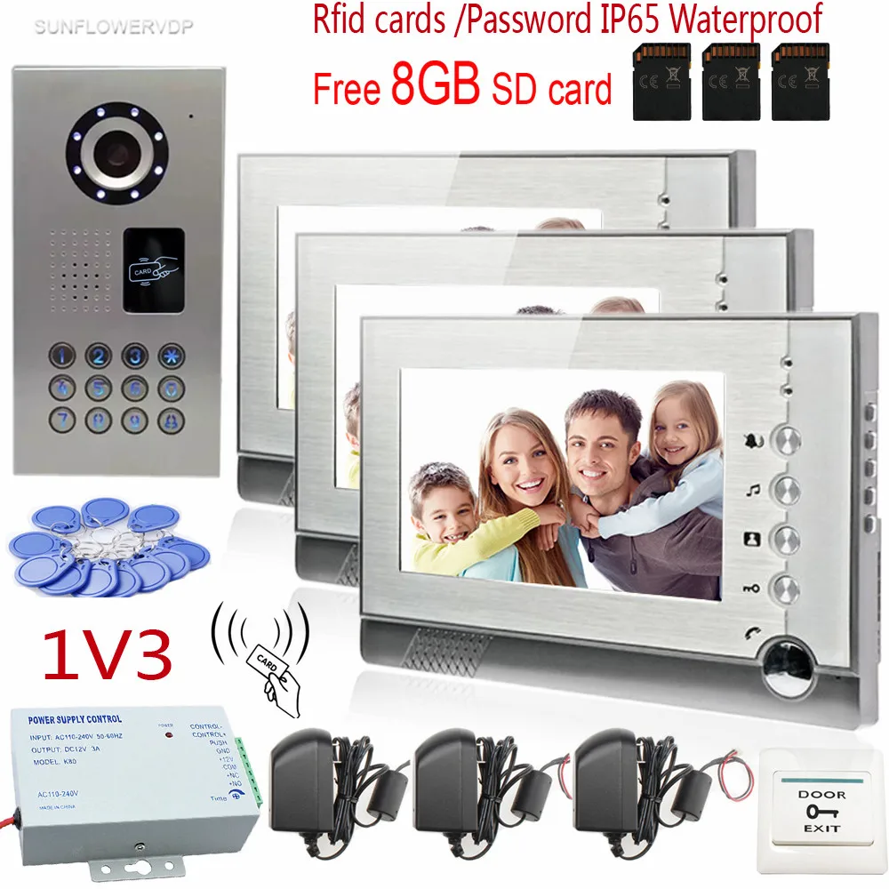 

7" Video Recording Lcd Screen Video Door Phone Intercom 3 Screens + Rfid/Code IP65 Strong Waterproof Home Security CCD Camera