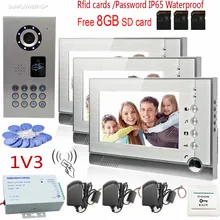 7″ Video Recording Lcd Screen Video Door Phone Intercom 3 Screens + Rfid/Code IP65 Strong Waterproof Home Security CCD Camera