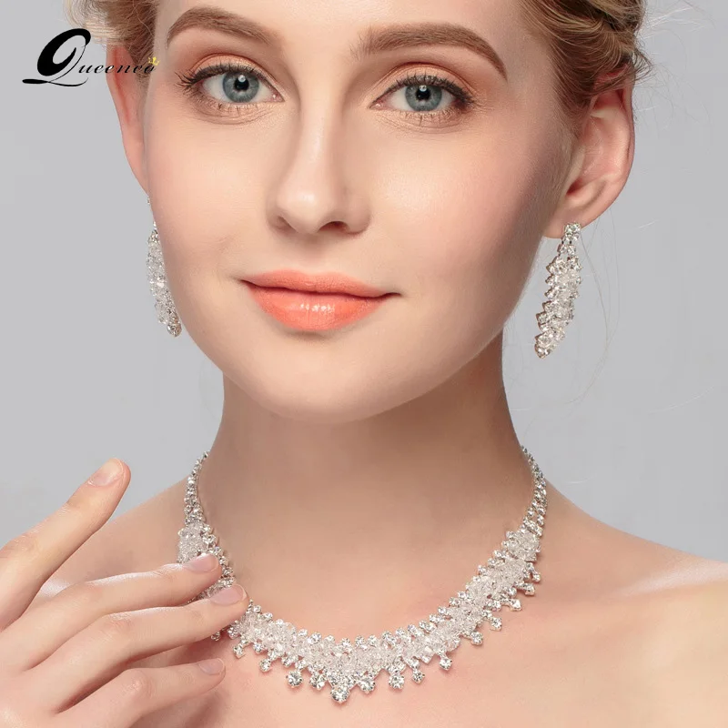 Elegant Crystal Bridal Jewelry Sets Silver Color Simple Necklace