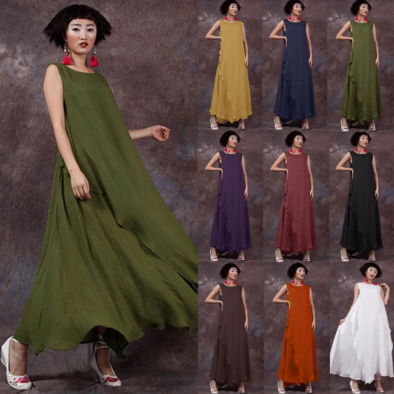 

ZANZEA Fashion 2019 Summer Dress Women Sexy Sleeveless Cotton Linen Long Maxi Dresses Solid Casual Loose Plus Size Vestidos