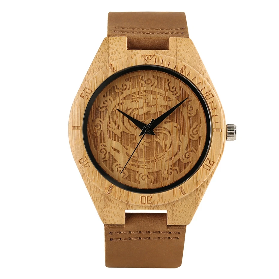 Creative Hands Craft Dragon Dial Wooden Watches Natural Bamboo Analog Genuine Leather Carving Wood Quartz Watch Men Reloj Hombre 2018 (1)