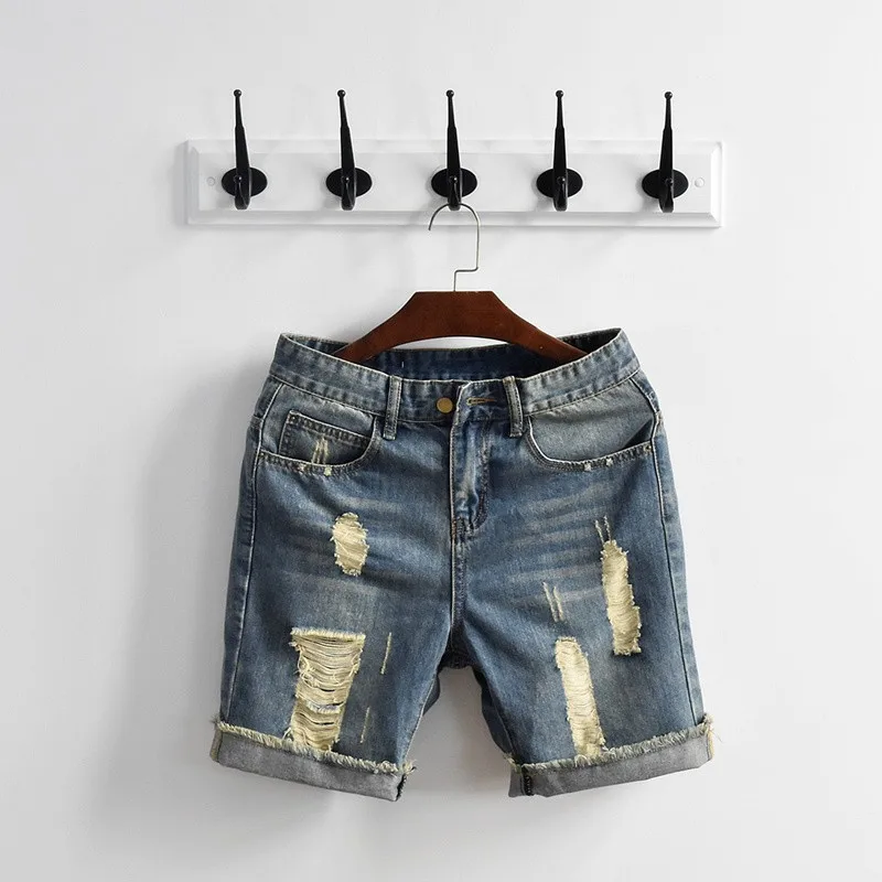 Летние рваные большой джинсовые шорты для мальчика классический моющийся наколенник Длина уличная пляжная Молния Fly мужские брюки